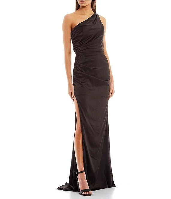 GB Social One Shoulder Ruched Satin Cut-Out-Back Slit Hem Long Dress 3 GB Social One Shoulder Ruched Satin Cut-Out-Back Slit Hem Long Dress