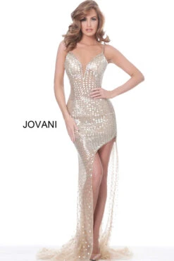 Jovani 02493 Nude Plunging Neckline High Slit Evening Dress