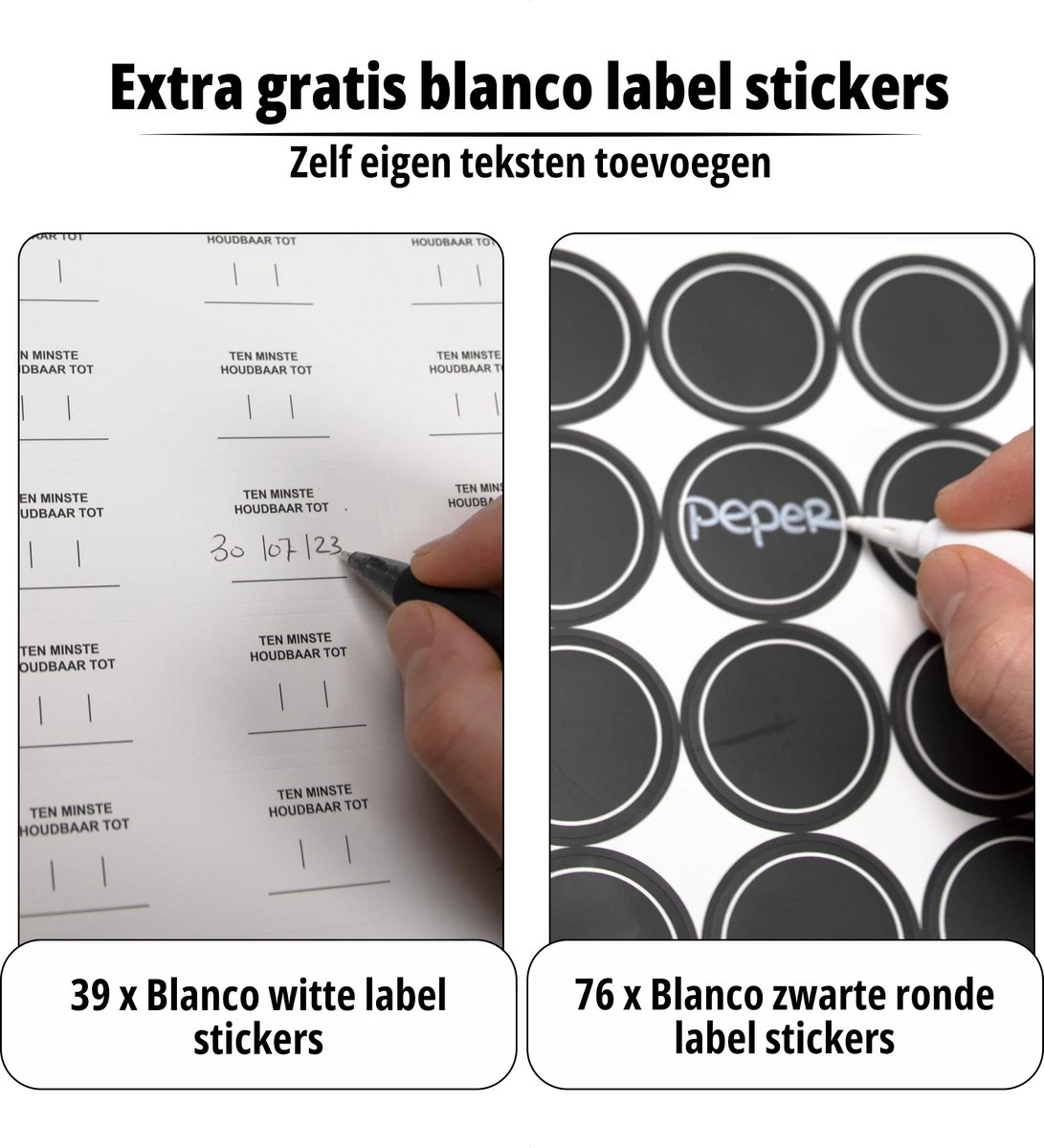 24 Glazen Kruidenpotjes Set Met 3 Soorten Strooideksels – Kruidenstrooier – Compleet Pakket Incl Kruidenpotjes Stickers, Krijtstift En Accessoires - Bamboo Deksel 6 24 Glazen Kruidenpotjes Set Met 3 Soorten Strooideksels – Kruidenstrooier – Compleet Pakket Incl Kruidenpotjes Stickers, Krijtstift En Accessoires - Bamboo Deksel - Afbeelding 4