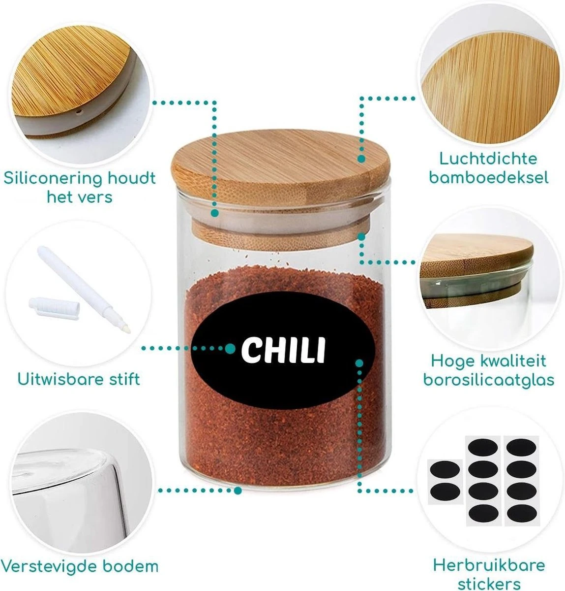 Quality Needz - Voorraadpotten - Glazen Potjes Met Deksel - 250 ML - 10 Delige Set - BPA-vrij - Gratis Pen & Herschrijfbare Stickers - Snoeppot 4 Quality Needz - Voorraadpotten - Glazen Potjes Met Deksel - 250 ML - 10 Delige Set - BPA-vrij - Gratis Pen & Herschrijfbare Stickers - Snoeppot - Afbeelding 2