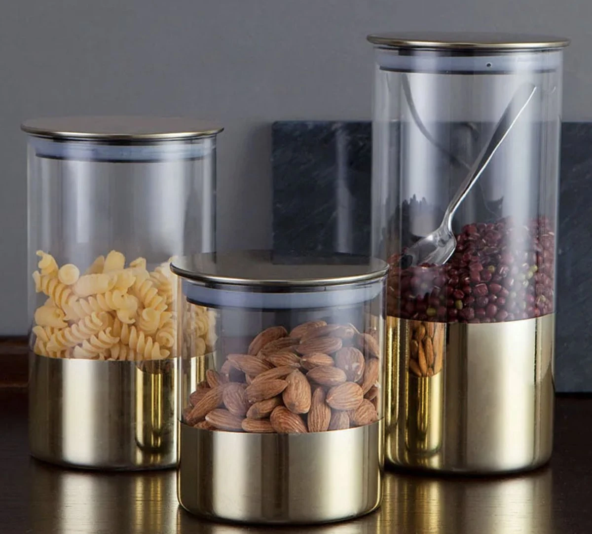 Luxaliving - Glazen Voorraadpot Set 3 Stuks - Opbergpot - Luchtdicht - Transparant - Gold 2 Luxaliving - Glazen Voorraadpot Set 3 Stuks - Opbergpot - Luchtdicht - Transparant - Gold