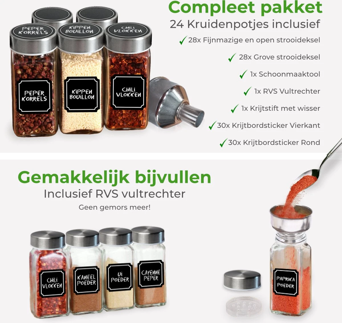 Soothe 24 Glazen Kruidenpotjes Set Met 2 Soorten Strooideksels – Kruidenstrooier – Compleet Pakket Incl Kruidenpotjes Stickers, Krijtstift En Accessoires 5 Soothe 24 Glazen Kruidenpotjes Set Met 2 Soorten Strooideksels – Kruidenstrooier – Compleet Pakket Incl Kruidenpotjes Stickers, Krijtstift En Accessoires - Afbeelding 3