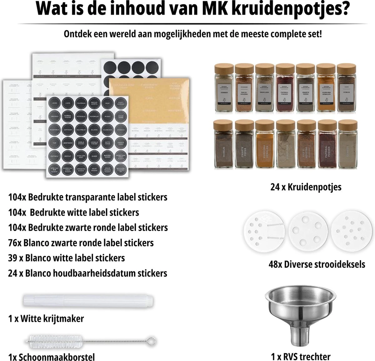 24 Glazen Kruidenpotjes Set Met 3 Soorten Strooideksels – Kruidenstrooier – Compleet Pakket Incl Kruidenpotjes Stickers, Krijtstift En Accessoires - Bamboo Deksel 7 24 Glazen Kruidenpotjes Set Met 3 Soorten Strooideksels – Kruidenstrooier – Compleet Pakket Incl Kruidenpotjes Stickers, Krijtstift En Accessoires - Bamboo Deksel - Afbeelding 5