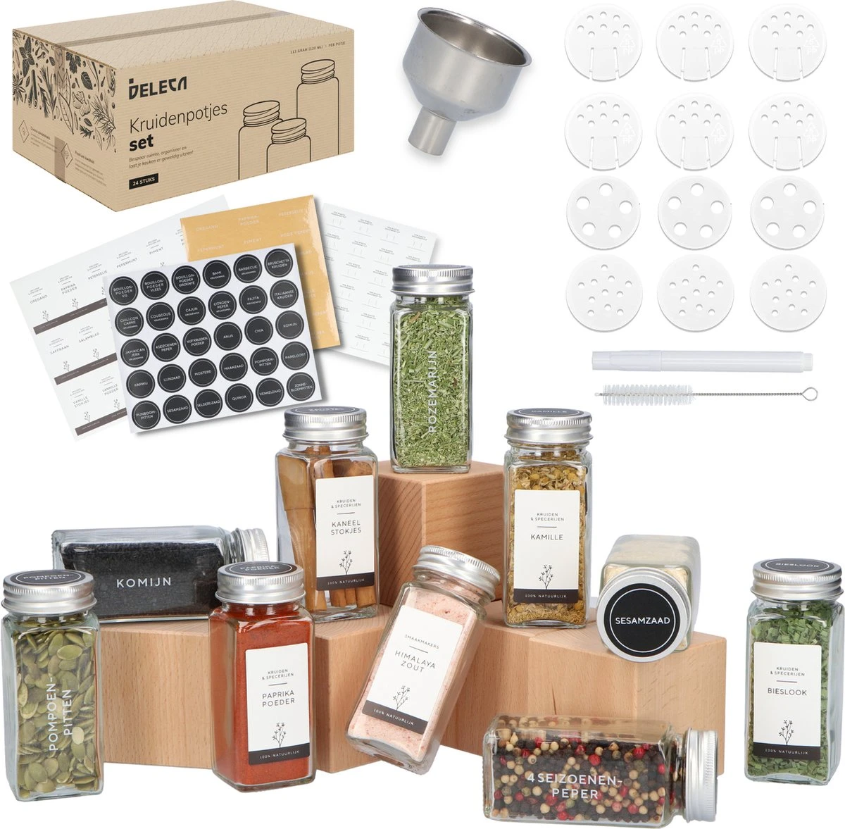 Deleca 24 Glazen Kruidenpotjes - Incl. 3 Soorten Stickers En Strooideksel Set - Voorraadpotten Glas Met Deksel - Kruidenstrooier - 10,5 X 4,3 Cm - Vierkant / 120 Ml 3 Deleca 24 Glazen Kruidenpotjes - Incl. 3 Soorten Stickers En Strooideksel Set - Voorraadpotten Glas Met Deksel - Kruidenstrooier - 10,5 X 4,3 Cm - Vierkant / 120 Ml