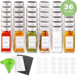 36 Glazen Kruidenpotjes Vierkant Met Deksel - Kruidenstrooier - Complete Set Met Strooideksels, Voorbedrukte Stickers En Trechter - Inhoud 120 Ml - 10,5 X 4,3 Cm