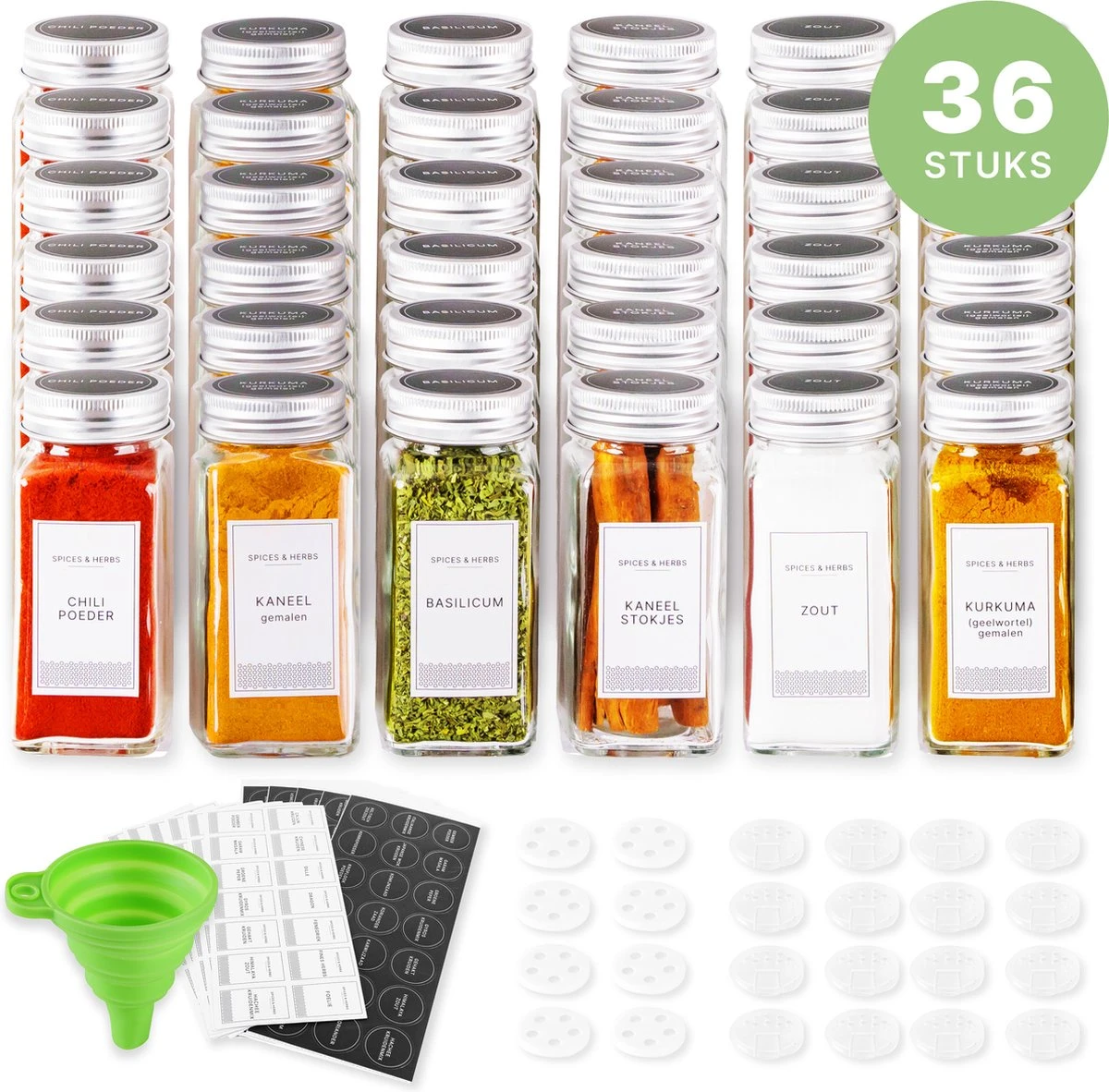 36 Glazen Kruidenpotjes Vierkant Met Deksel - Kruidenstrooier - Complete Set Met Strooideksels, Voorbedrukte Stickers En Trechter - Inhoud 120 Ml - 10,5 X 4,3 Cm 3 36 Glazen Kruidenpotjes Vierkant Met Deksel - Kruidenstrooier - Complete Set Met Strooideksels, Voorbedrukte Stickers En Trechter - Inhoud 120 Ml - 10,5 X 4,3 Cm