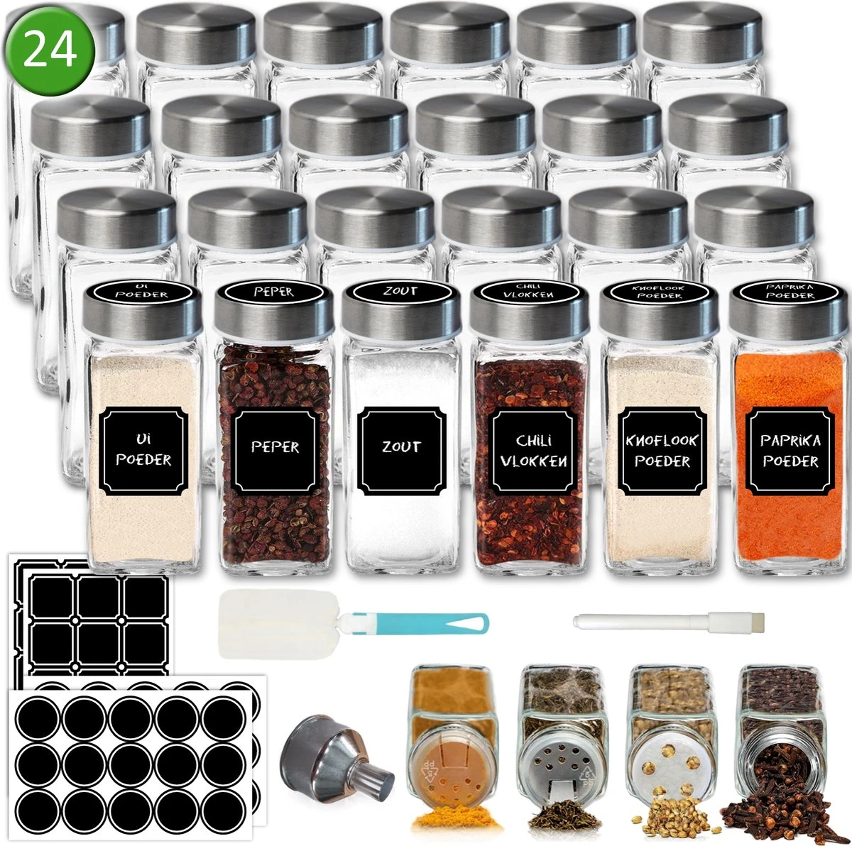 Soothe 24 Glazen Kruidenpotjes Set Met 2 Soorten Strooideksels – Kruidenstrooier – Compleet Pakket Incl Kruidenpotjes Stickers, Krijtstift En Accessoires 3 Soothe 24 Glazen Kruidenpotjes Set Met 2 Soorten Strooideksels – Kruidenstrooier – Compleet Pakket Incl Kruidenpotjes Stickers, Krijtstift En Accessoires