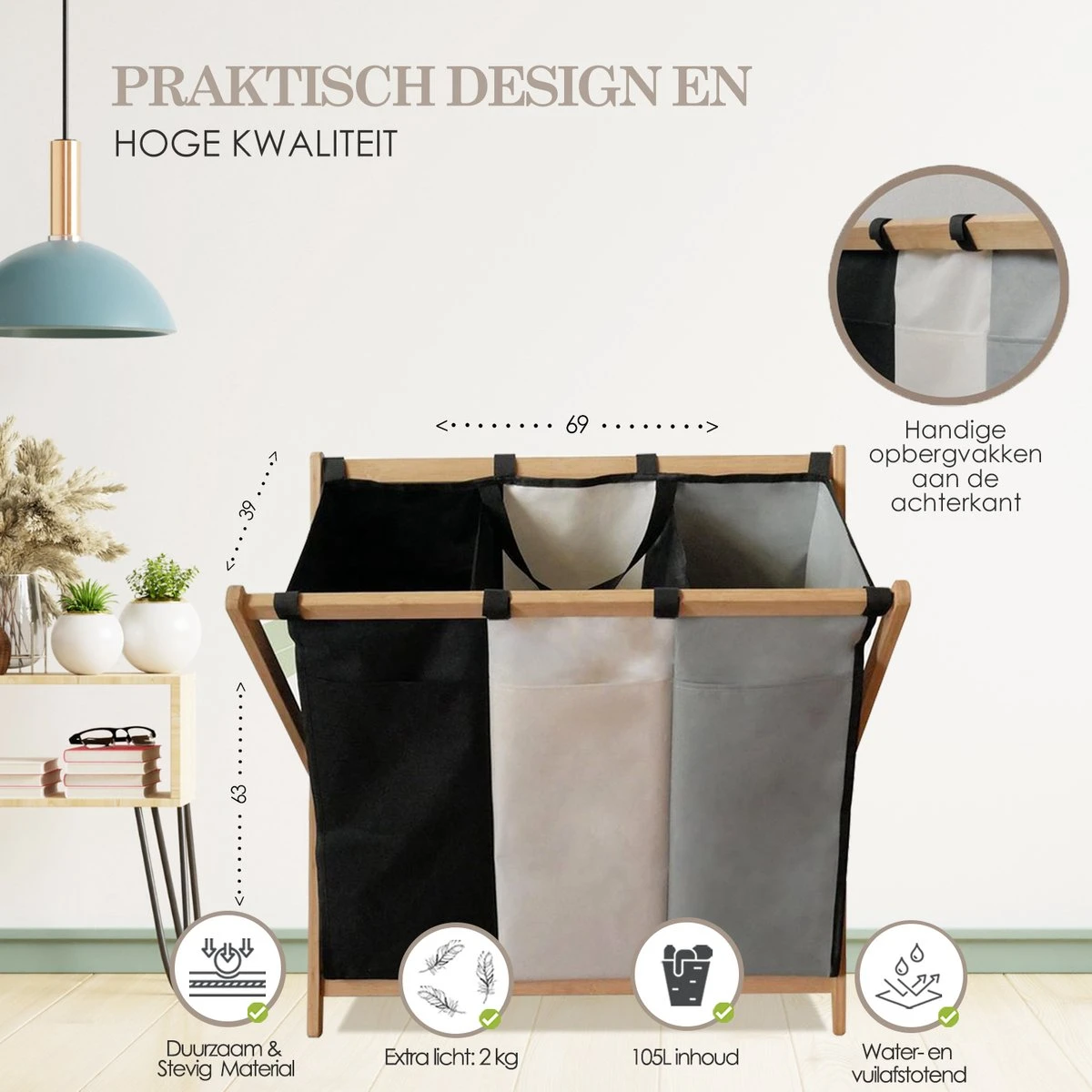 MIRI Wasmand 3 Vakken BAMBOE – Wassorteerder – Hout – Opvouwbaar – Wasbox – 105L – Gratis Schroevendraaier – Wasmanden – Laundry Basket 7 MIRI Wasmand 3 Vakken BAMBOE – Wassorteerder – Hout – Opvouwbaar – Wasbox – 105L – Gratis Schroevendraaier – Wasmanden – Laundry Basket - Afbeelding 5