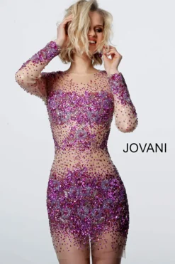 Jovani 47598 Nude Fuchsia Sheer Beaded Long Sleeve Short Dress  -PeeWee-winkel 47598 NUDEFUCHSIA front 640x960 1